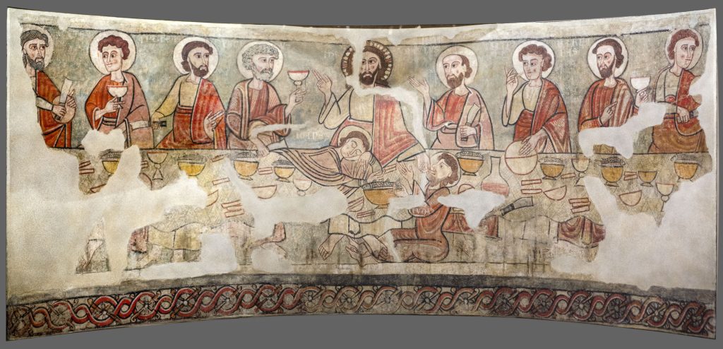 Mural medieval representando la composición de una mesa sin presencia de cubiertos