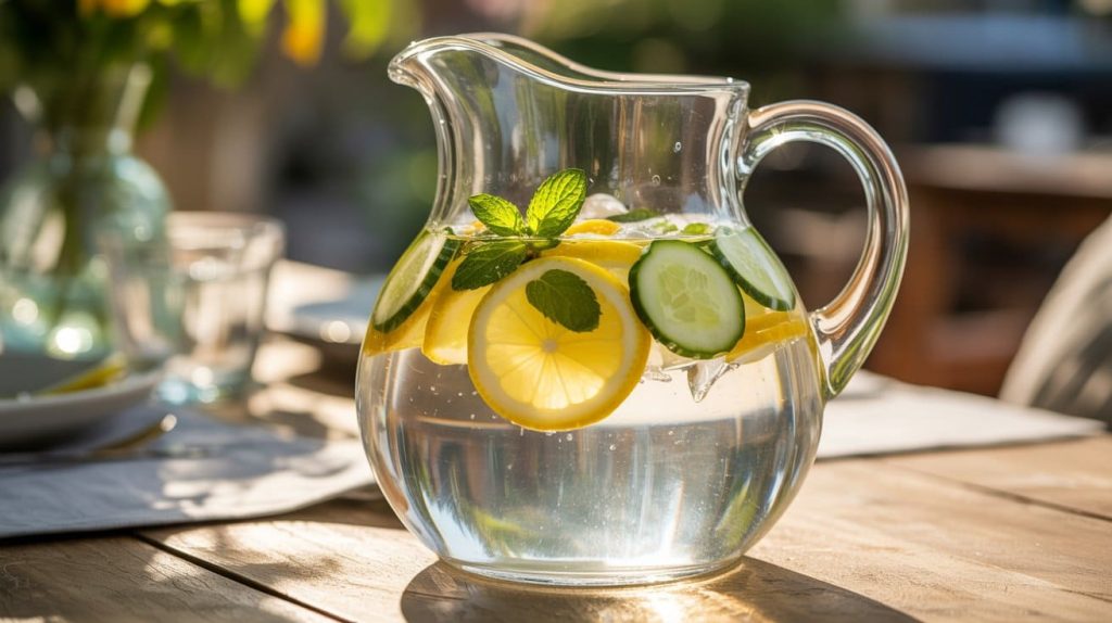 Agua fresca de limón, pepino y hierbabuena en jarra de cristal transparente
