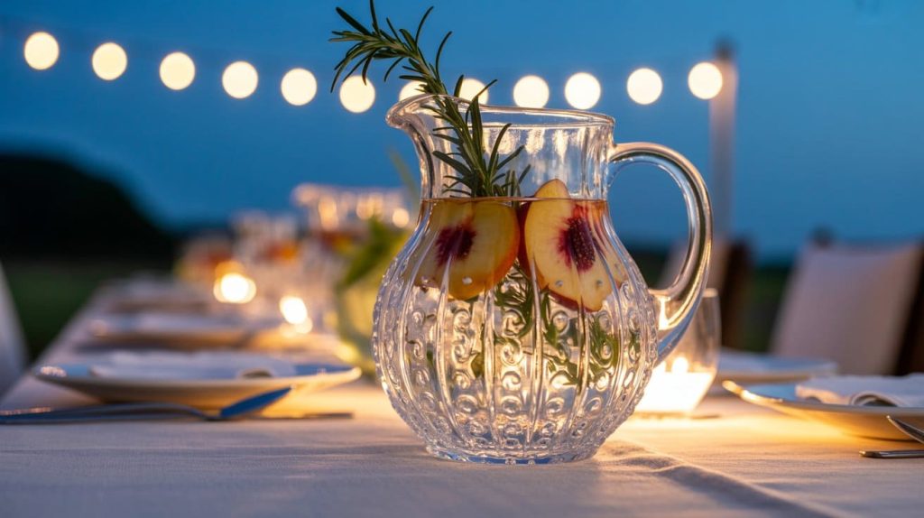 Agua de melocotón y romero en jarra de cristal texturizado elegante para mesas de noches de verano