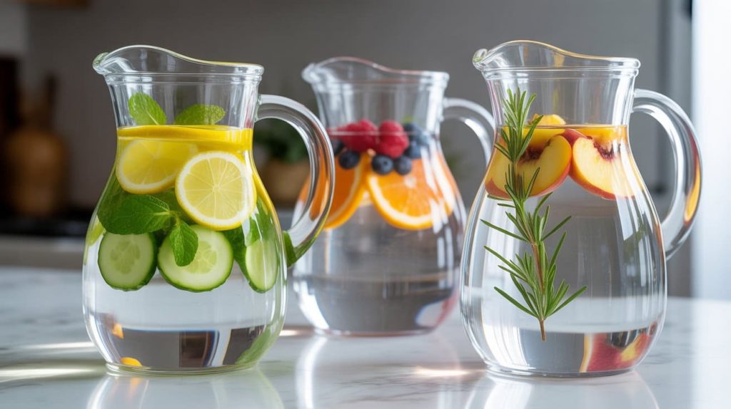 Aguas frescas con frutas servidas en jarras de cristal decorativas en una mesa de verano