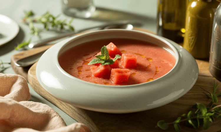 Gazpacho de sandía presentado de forma original y refrescante para verano