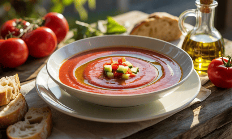 Gazpacho tradicional servido en cuenco artesanal sobre una mesa de verano elegante