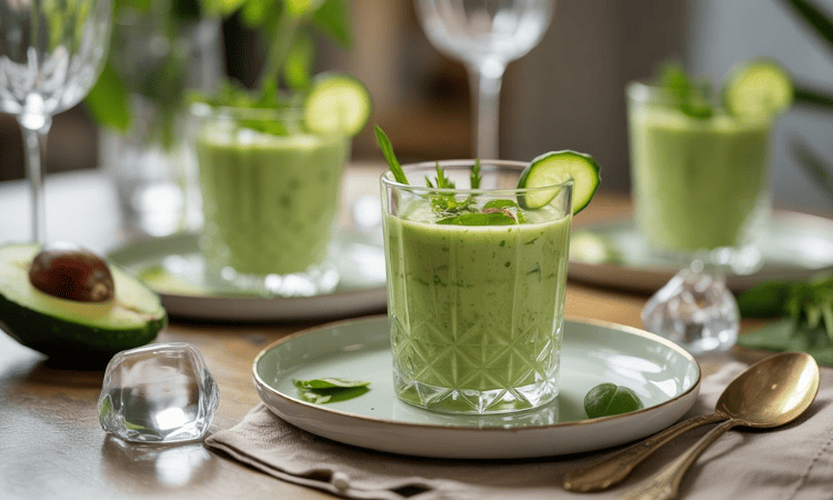 Gazpacho verde servido en vasos pequeños como aperitivo elegante de verano