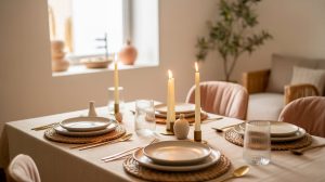 Mesa elegante en un piso pequeño preparada para recibir invitados con decoración acogedora