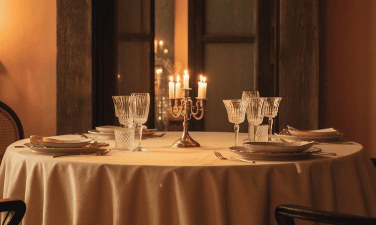 Mesa elegante iluminada con velas durante una cena íntima y acogedora