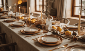 mesa mediterránea elegante con lino arrugado y velas