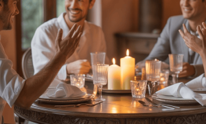 Comensales compartiendo una cena elegante en una mesa bien vestida que representa la etiqueta moderna y la hospitalidad contemporánea