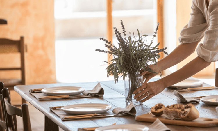 "Anfitriona preparando una mesa sencilla y acogedora para recibir invitados en casa."