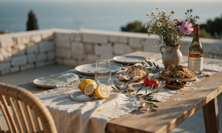 Mesa de domingo de estilo slow living con mantel de lino, vajilla de cerámica y decoración mediterránea en una terraza de verano.