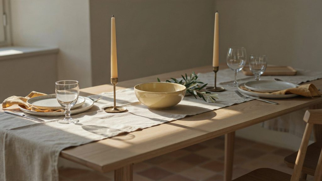 Mesa de comedor con pequeños acentos en amarillo mantequilla sobre una decoración en tonos neutros y materiales naturales.