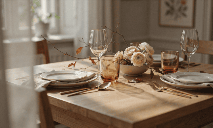 Mesa de otoño con cristalería ámbar, vajilla crema y madera natural