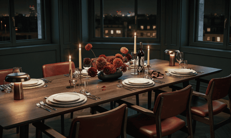 Mesa contemporánea de otoño iluminada con velas y decorada con flores en tonos burdeos, naranja y ciruela.