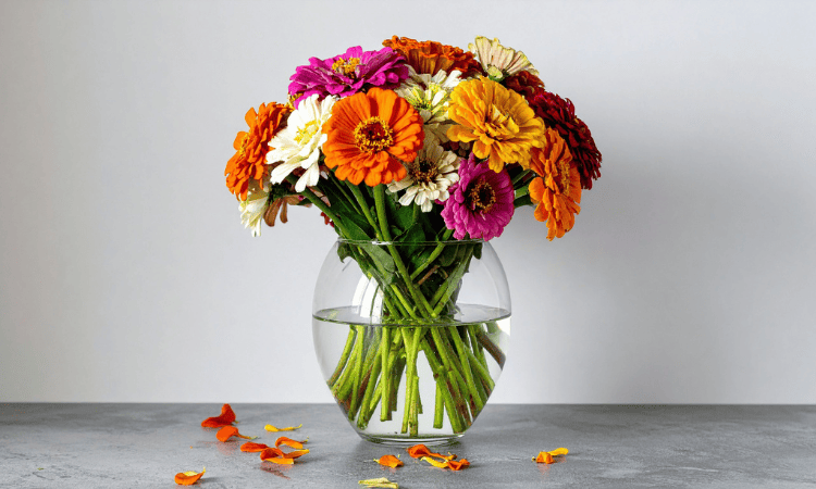 Zinnias en tonos naranja, rosa y burdeos en una composición floral de transición entre verano y otoño