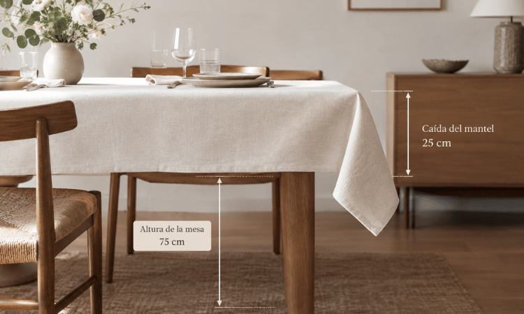 Mesa de madera con mantel de caída corta que deja visibles las patas